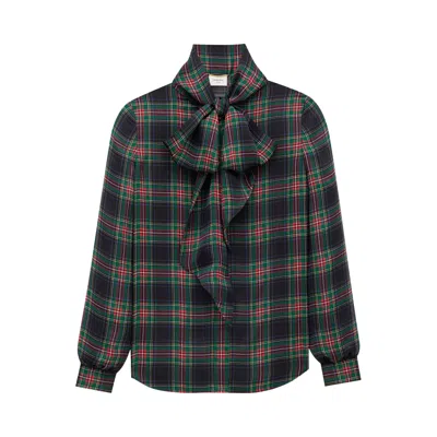 Pre-owned Saint Laurent Lavallière Blouse In Tartan Silk Charmeuse 'noir Multico' | Black | Women's Size 36
