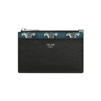 Pre-owned Celine Zipped Card Holder In Striped Triomphe Canvas And Lambskin 'black/navy Blue' | Men's Size One