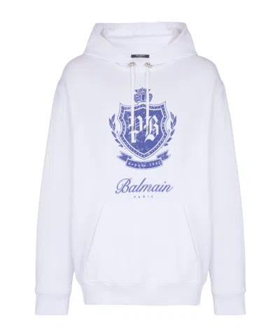 Balmain College Emblem Logo Graphic Hoodie In White