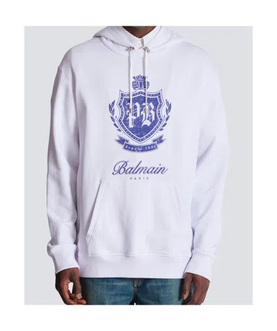 Balmain College Emblem Logo Graphic Hoodie In White