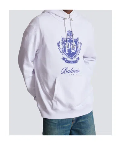Balmain College Emblem Logo Graphic Hoodie In White