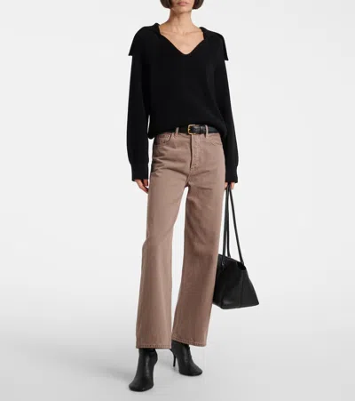 Agolde Wide Leg Denim Trousers With Front And Back Pockets In Brown