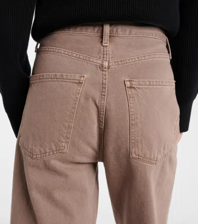 Agolde Wide Leg Denim Trousers With Front And Back Pockets In Brown