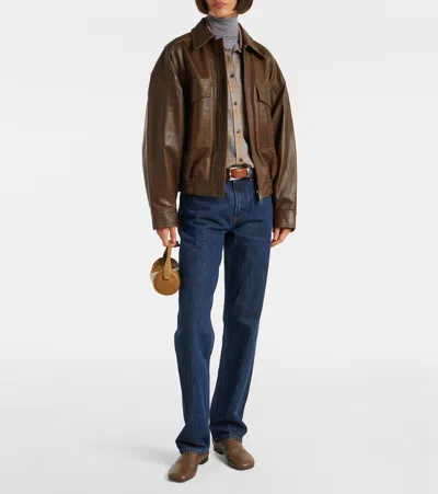 Staud Eugene Leather Bomber Jacket In Brown