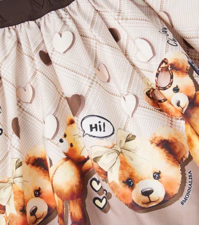 Monnalisa Beige Skirt With Elastic Waist With Logo Lettering And All-over Print In Cotton Stretch Girl In Multi