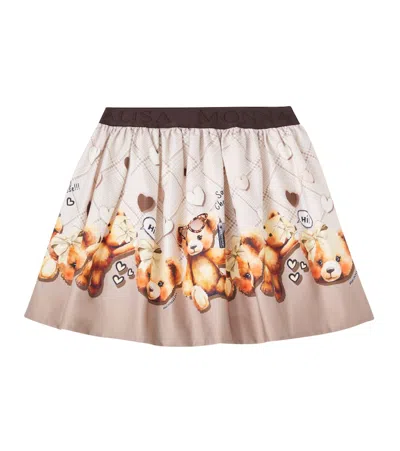 Monnalisa Beige Skirt With Elastic Waist With Logo Lettering And All-over Print In Cotton Stretch Girl In Multi