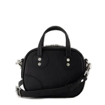 Maison Kitsuné Structured Cowhide Leather Shoulder Bag With Silver-tone Accents In Black