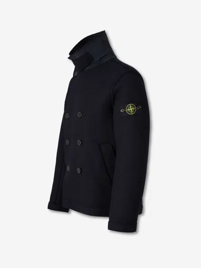 Stone Island Felt Pea Coat Knitwear Blue In Black
