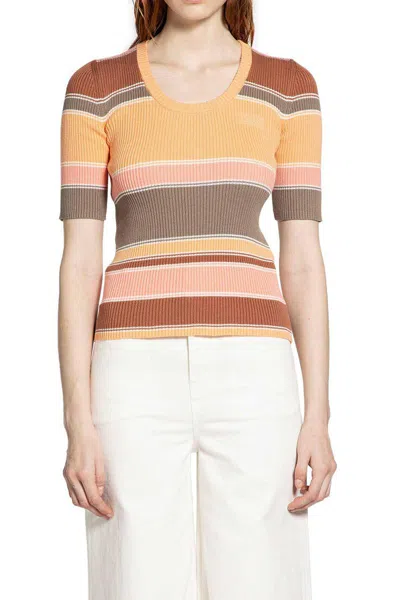 Chloé Embroidered Striped Ribbed Cotton Sweater In Neutral