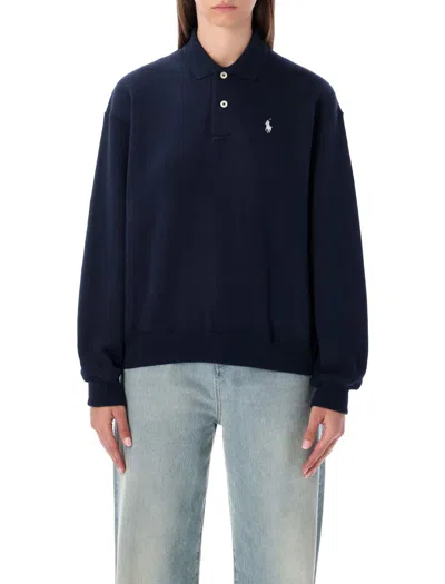 Polo Ralph Lauren Fleece Top With Polo Collar And Ribbed Cuffs In Blue