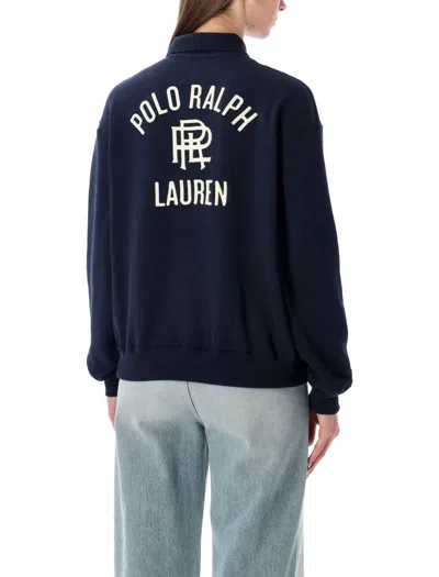 Polo Ralph Lauren Fleece Top With Polo Collar And Ribbed Cuffs In Blue