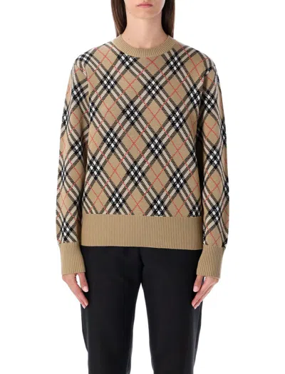 Burberry Check Wool Blend Knit Crewneck Sweater In Brown