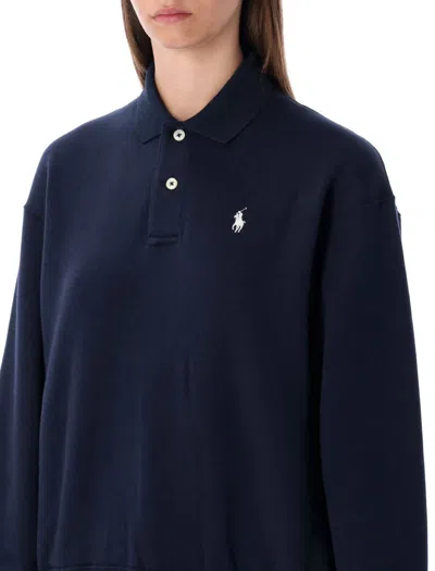 Polo Ralph Lauren Fleece Top With Polo Collar And Ribbed Cuffs In Blue