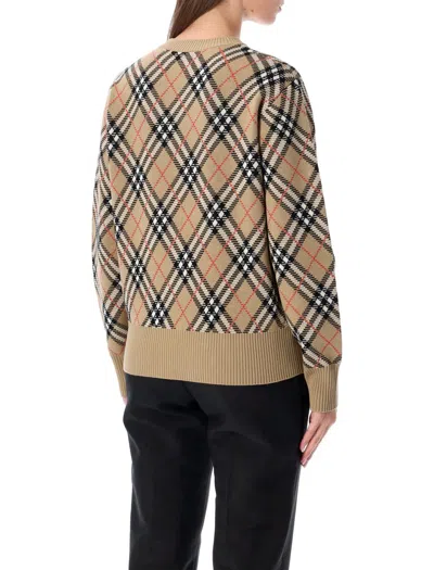 Burberry Check Wool Blend Knit Crewneck Sweater In Brown
