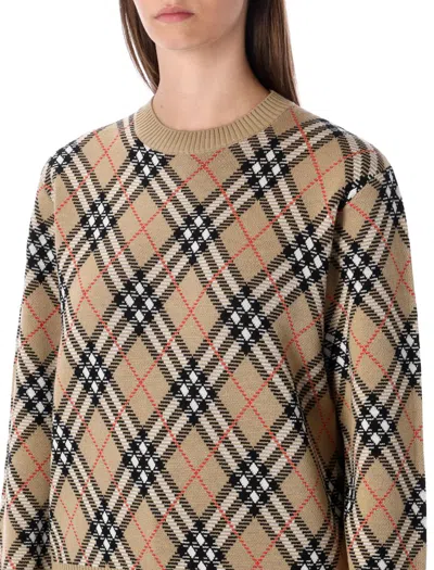 Burberry Check Wool Blend Knit Crewneck Sweater In Brown