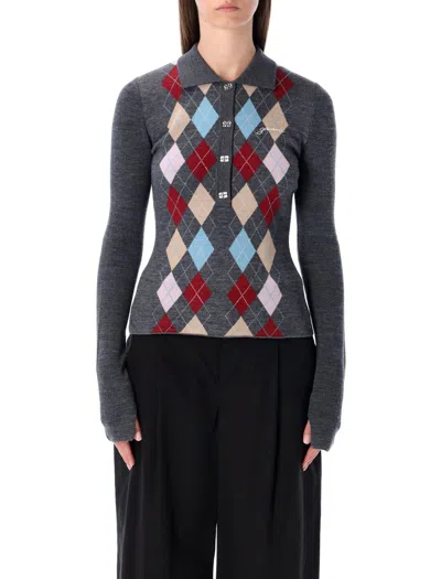 Ganni Women Striped Knitted Polo Shirt In Gray