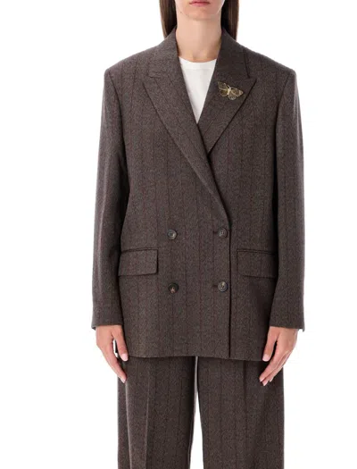 Golden Goose Journey Double Breasted Pinstripe Virgin Wool Blazer In Brown