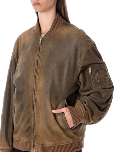 Golden Goose Brown Jacket With Sleeve Pocket And Distressed Effects In Leather Woman In Brown