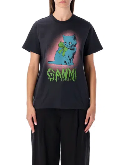 Ganni Women Black Crewneck T-shirt With Maxi Logo On The Front In Cotton Jersey Woman In Black