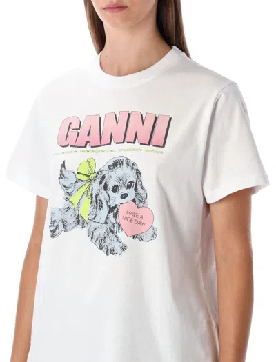 Ganni Graphic Print Crew Neck Short Sleeve Top In White