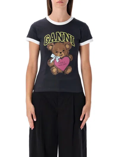 Ganni Black Crewneck T-shirt With Maxi Logo On The Front In Cotton Jersey Woman In Black