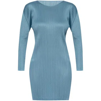 Issey Miyake Pleats Crew Neck Long Sleeve Blue Grey Tunique In Blue