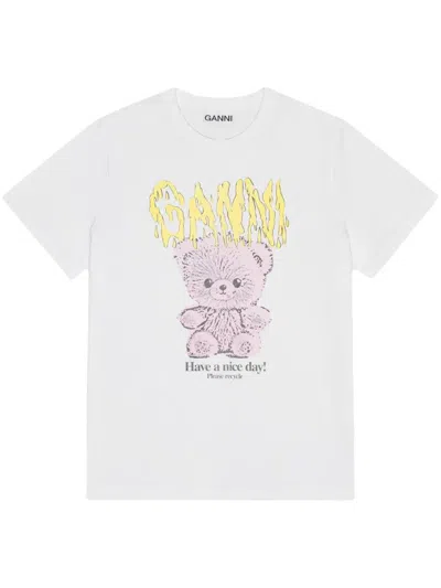 Ganni Basic Cotton Jersey Teddy Relaxed T-shirt In White
