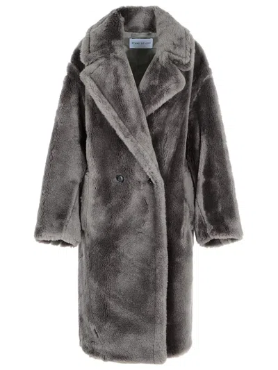 Stand Studio Long Sleeve Wool Coat With Faux Fur In Gray