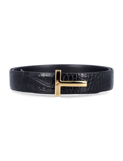 Tom Ford Crocodile Texture Belt Gold-tone Buckle In Blue