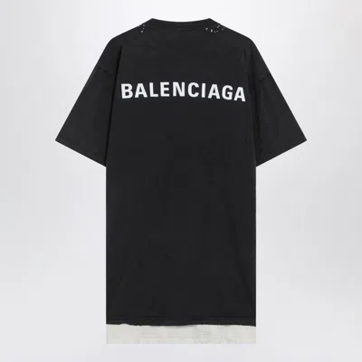 Balenciaga Men Black Crewneck T-shirt With Logo Lettering On The Front And Logo Patch On The Sleeve  In Black