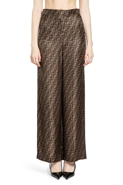 Fendi Ff Silk Twill Wide Leg Trousers In Brown