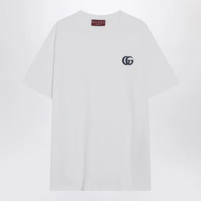 Gucci White Crewneck T-shirt With Double G Logo Embroidery On The Front In Cotton Man In White