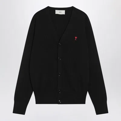Ami Alexandre Mattiussi Ami Paris Ami De Coeur Patch Merino Wool Cardigan In Black