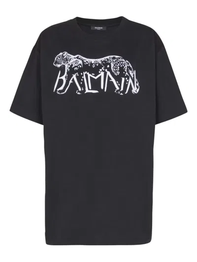 Balmain Leopard Print Cotton T-shirt Clothing In Black