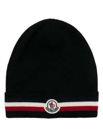 Moncler Tricolor Stripe Ribbed Wool Beanie In Black