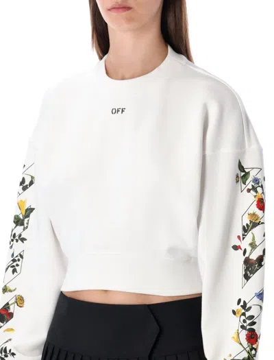 Off-white Arrow Flower Cropped Crew Neck Logo Sweatshirt In White