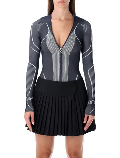 Off-white Diag Seamless Black Long-sleeve Zip Bodysuit In Gray