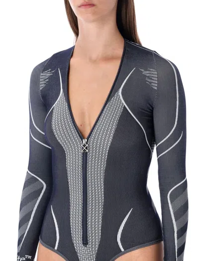Off-white Diag Seamless Black Long-sleeve Zip Bodysuit In Gray