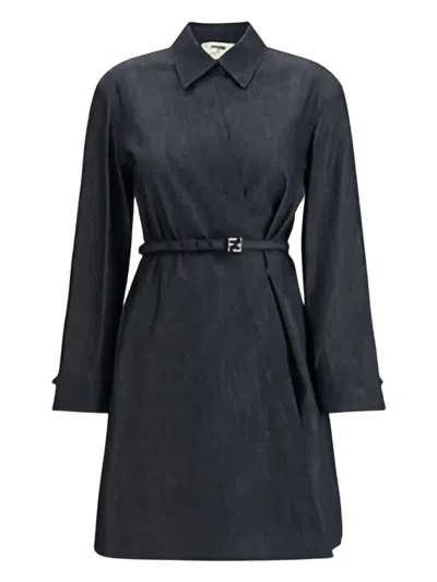 Fendi Belted Denim Shirt Mini Dress In Blue