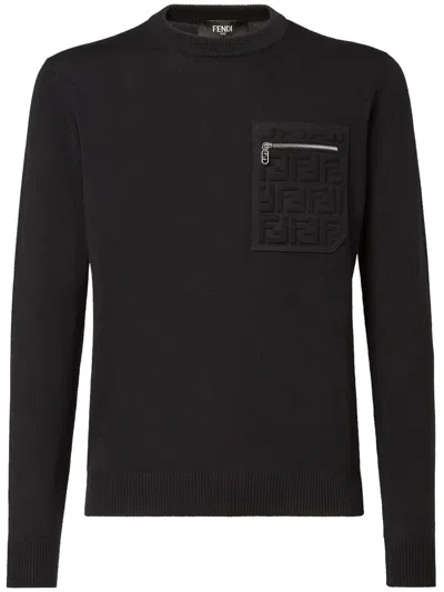Fendi Knit Sweater With Ribbed Cuffs And Pocket In Multi