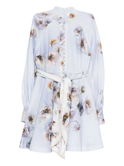 Zimmermann Womens Lilac Poppy Printed Silk-belt Buttoned Linen Mini Dress In Purple