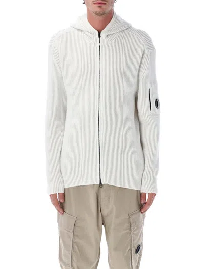 C.p. Company Hooded Knit Cardigan Ribbed Texture In White