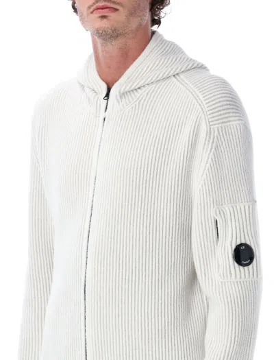 C.p. Company Hooded Knit Cardigan Ribbed Texture In White