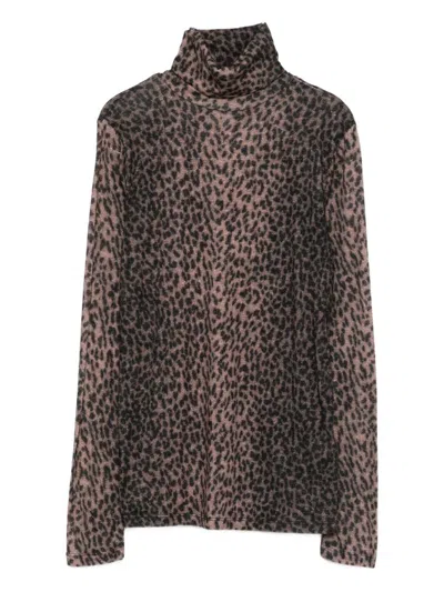 Majestic Fitted Turtleneck Sweater With Black Leopard Print In Brown