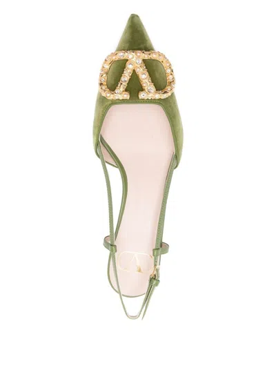Valentino Signature Velvet Slingback Pumps Embellished Buckle In Green