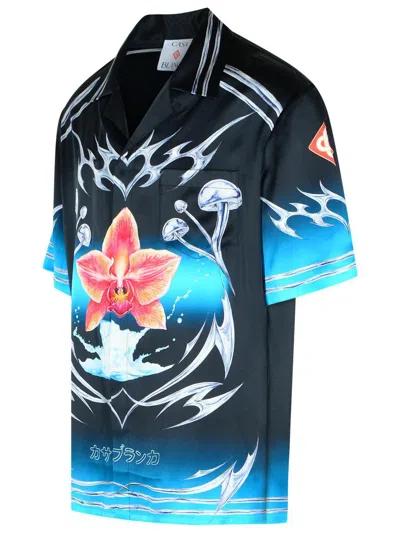 Casablanca Floral Graphic Short Sleeve Satin Top In Black