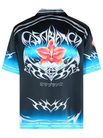 Casablanca Floral Graphic Short Sleeve Satin Top In Black