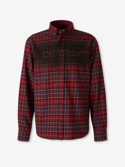 Off-white Bordeaux Shirt With Maxi Logo Lettering On The Front And All-over Check Motif In Wool Man In Red