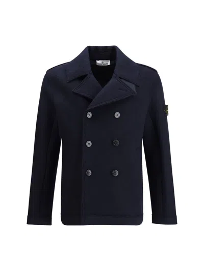 Stone Island Mens Navy Blue Felted Double-breasted Wool Jacket In Blue