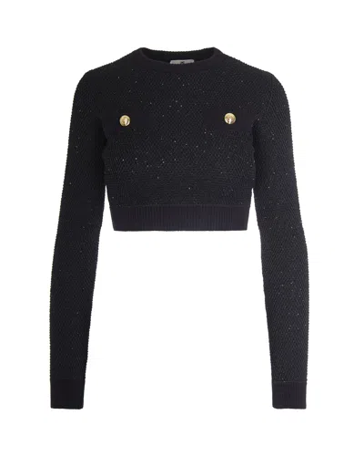 Elisabetta Franchi Textured Knit Cropped Sweater With Jewel-button Pockets In Black